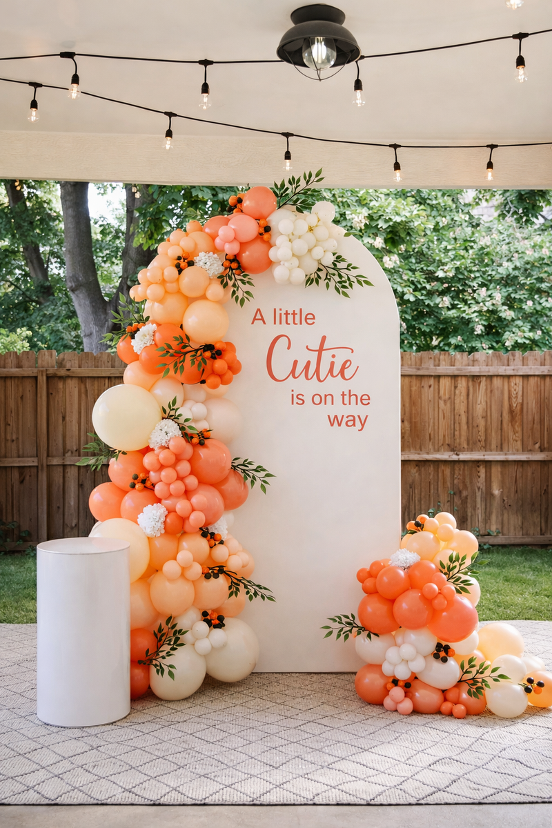 A Little Cutie Baby Shower Backdrop with Organic Balloon Garland