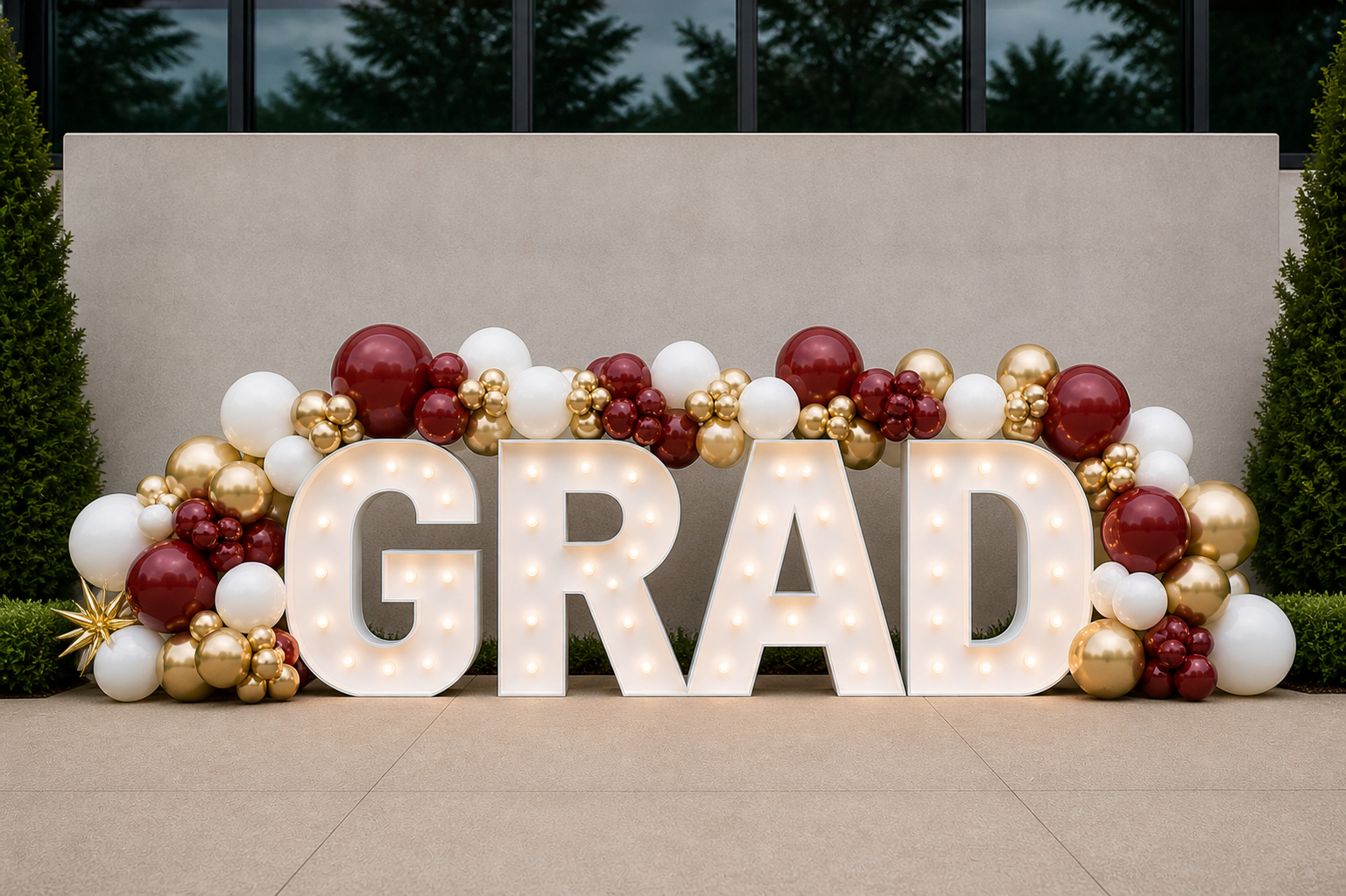 Grad Setup Store Graduation Balloon Setup GRAD Letters Miami | Wine Gold Balloon Garland ...