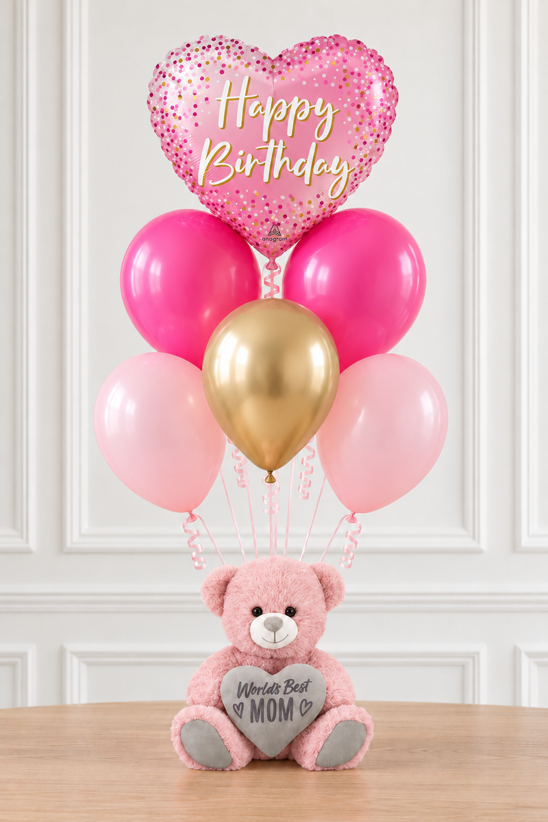 World’s Best Mom Birthday Balloon Bouquet & Teddy Bear – Ready 4 Your Party