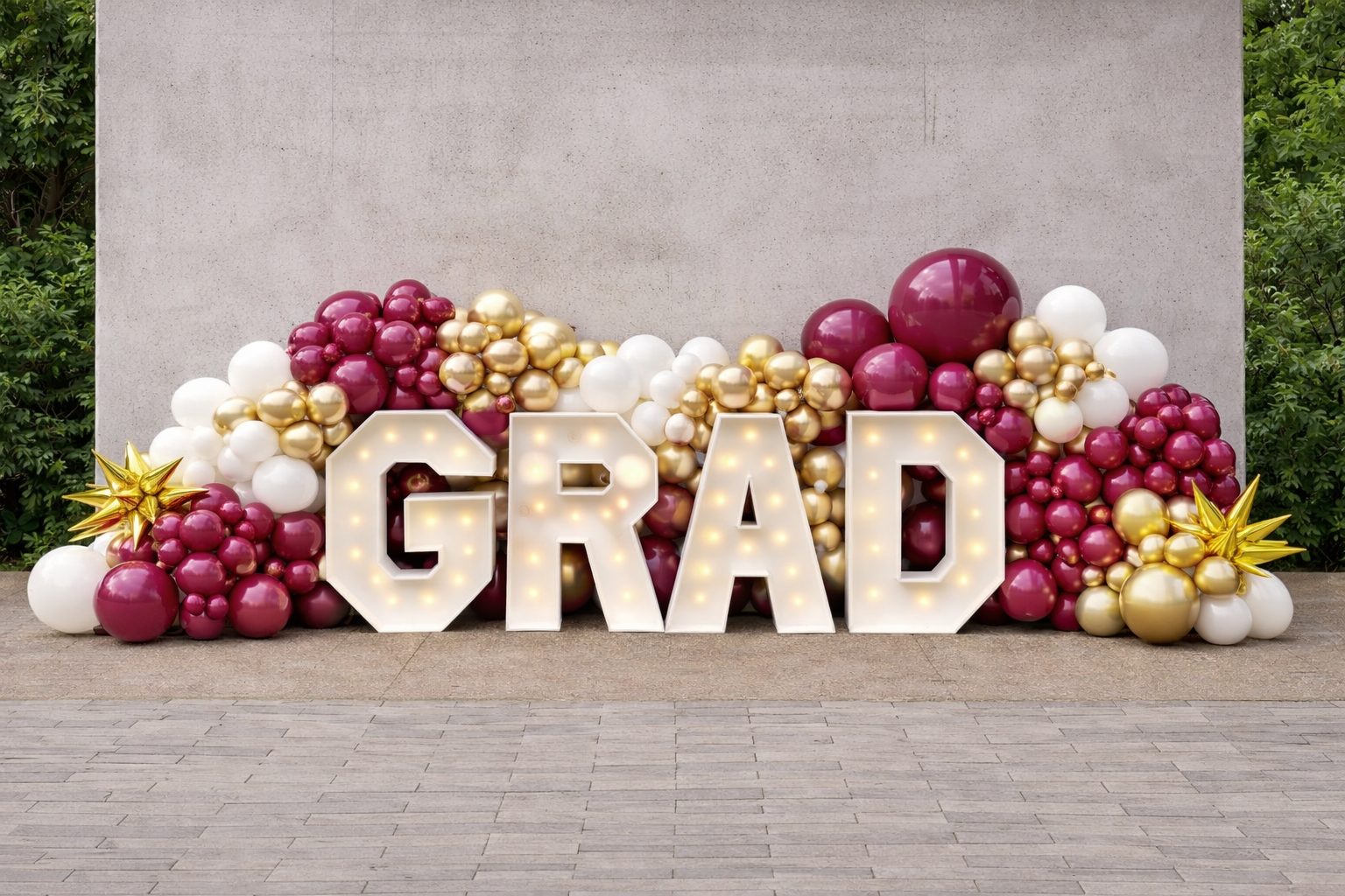 Grad Setup Graduation Balloon Setup GRAD Letters Miami | Wine Gold Balloon Garland ...